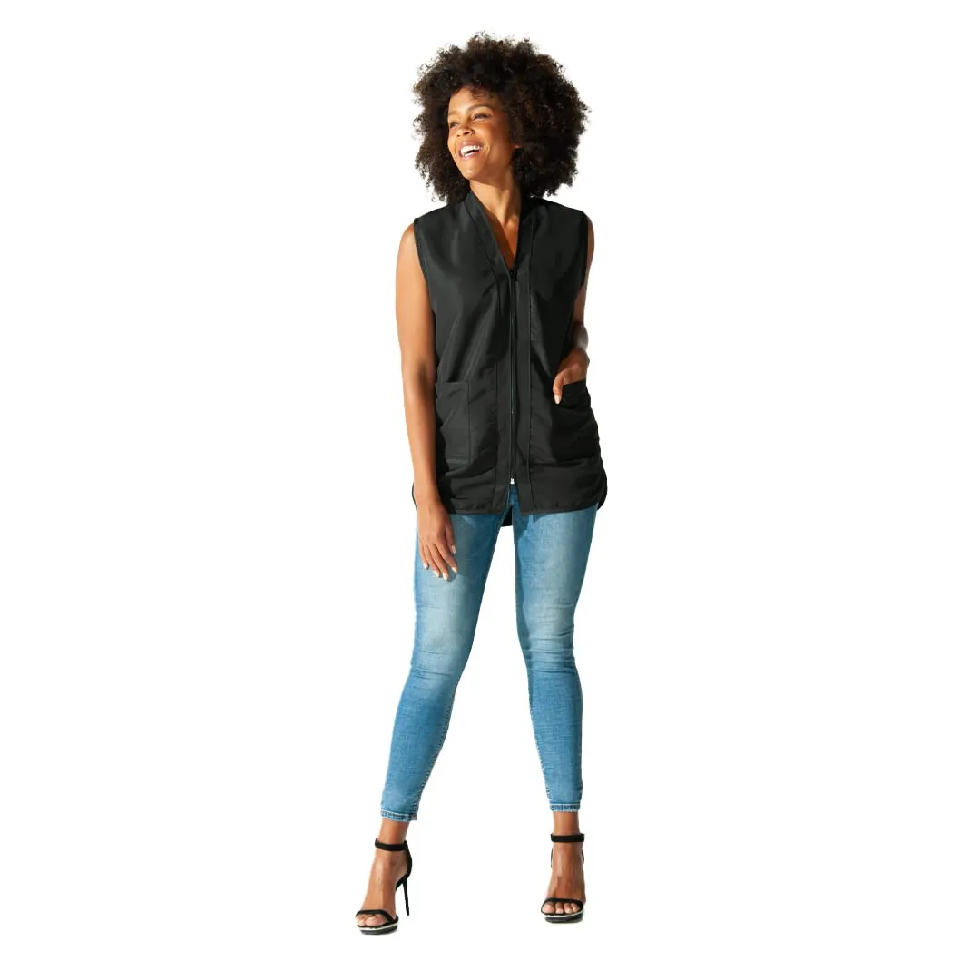 Betty Dain Professional Zip Front Salon Stylist Vest, V-Neck, Iridescent Fabric, Adjustable Belt, Two Lower Pockets with Zippered Bottoms, Lightweight, Machine Washable Nylon, Black, XL