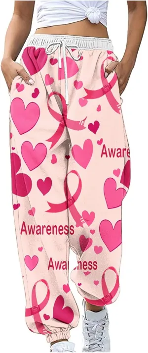 Bidobibo Womens Hiking Pants Breast Cancer Awareness Sweatpants Drawstring Waist Joggers High Waisted Trousers with Pockets