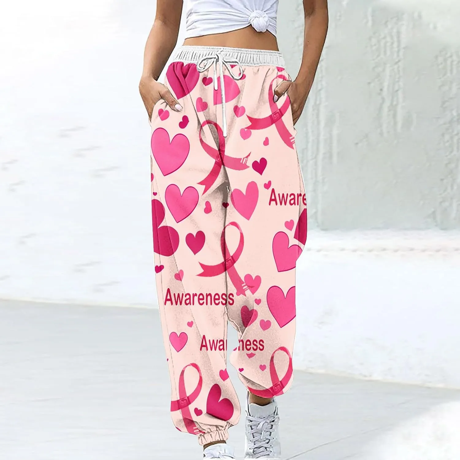 Bidobibo Womens Hiking Pants Breast Cancer Awareness Sweatpants Drawstring Waist Joggers High Waisted Trousers with Pockets
