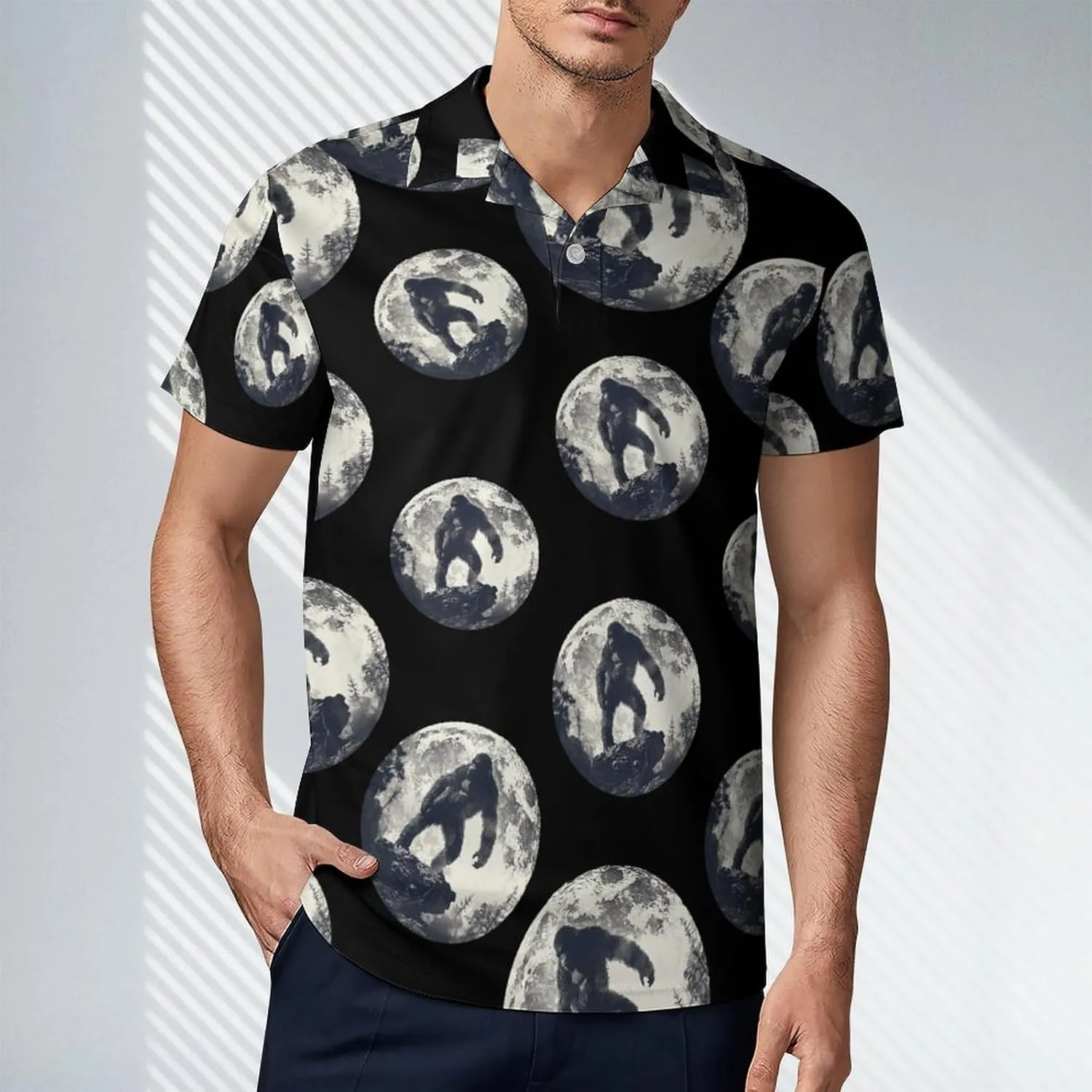 Bigfoot Moon Sasquatch Men's Polo Shirt Short Sleeve Casual Athletic Quick Dry Golf T-Shirts