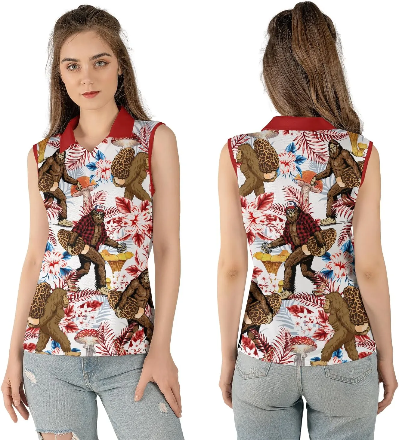 Bigfoot Polo Shirts for Men Women, Tropical Bigfoot Golf Shirts for Men, Funny Golf Polos for Men Women Summer Sports