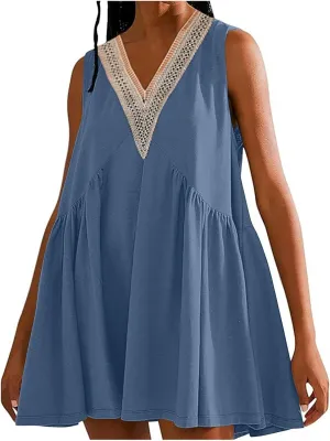 Binmer Women Summer Dresses 2024 Sleeveless Lace Crochet V Neck Sundress Casual Loose Pleated Flowy Swing Babydoll Mini Dress