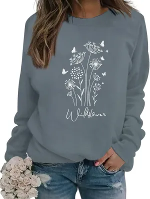 Bobeutou Flower Graphic Sweatshirt for Women 80s Vintage Minimalistic Floral Printed Long Sleeves Shirt Loose Pullovers Tops