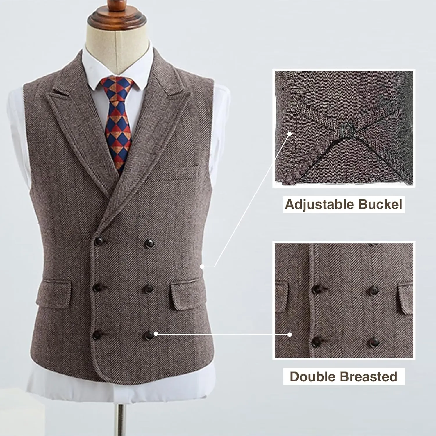 Boy's Herringbone Tweed Suit Double Breasted Slim Fit Vest Wool Blend Prom Waistcoat Wedding