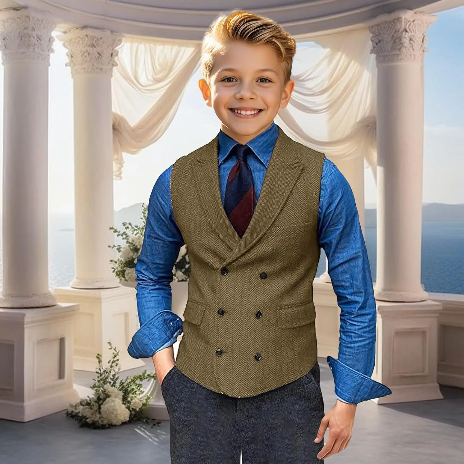 Boy's Herringbone Tweed Suit Double Breasted Slim Fit Vest Wool Blend Prom Waistcoat Wedding