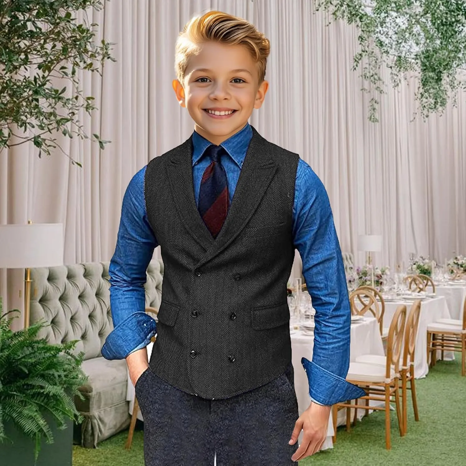 Boy's Herringbone Tweed Suit Double Breasted Slim Fit Vest Wool Blend Prom Waistcoat Wedding