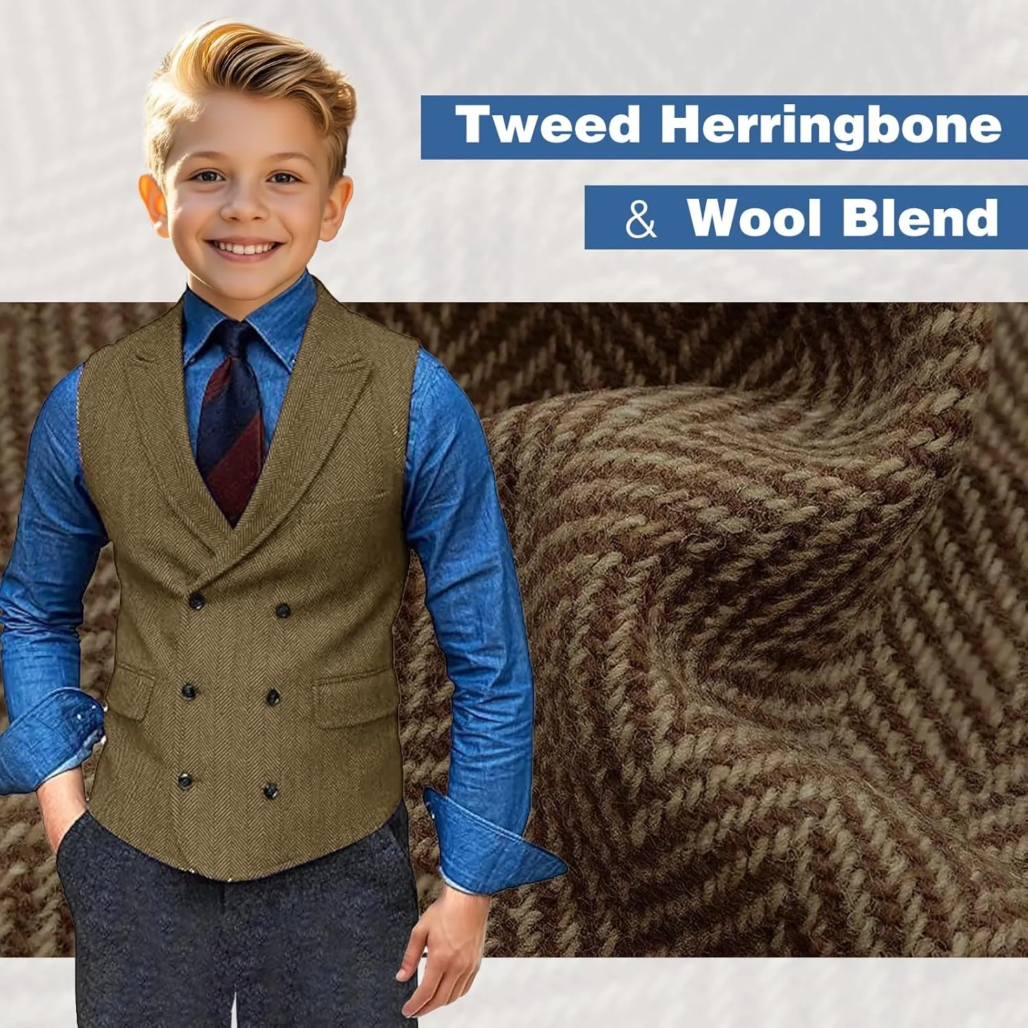 Boy's Herringbone Tweed Suit Double Breasted Slim Fit Vest Wool Blend Prom Waistcoat Wedding