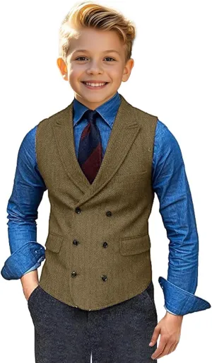 Boy's Herringbone Tweed Suit Double Breasted Slim Fit Vest Wool Blend Prom Waistcoat Wedding