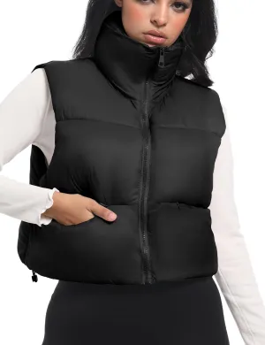 Buauty Cropped Winter Black Puffer Vest for Women 2024, Girls Mini Puffy Vest with Pockets, Crop Sleeveless Zip Up Stand Collar Bubble Vest, Short Cute Winter Clothes Jackets Warm Outerwear Trendy BLA