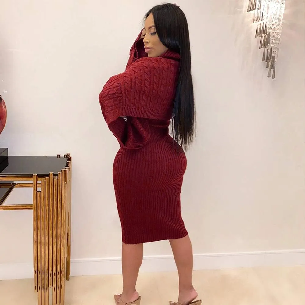 BXBY Women's 2 Piece Outfits Sweater Set Puff Long Sleeve Knit Cropped Shawl and Woolen Camisole Dress