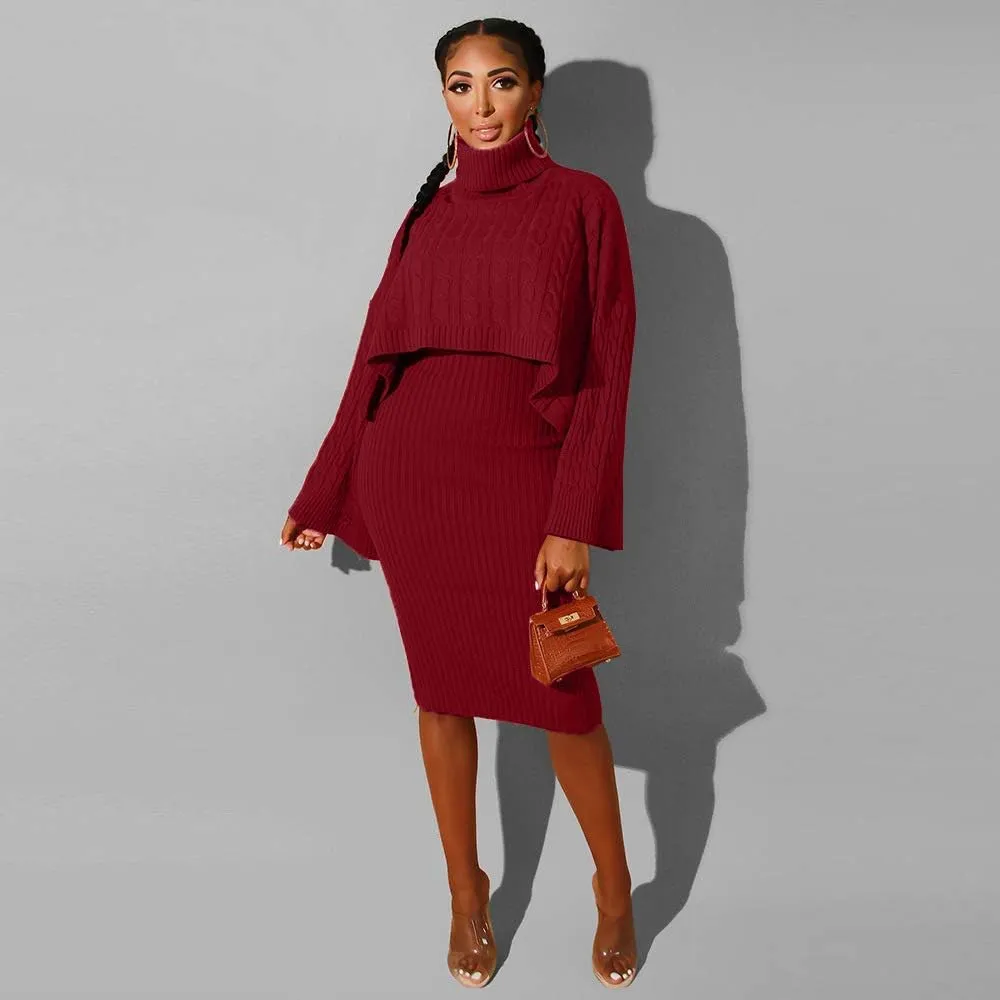 BXBY Women's 2 Piece Outfits Sweater Set Puff Long Sleeve Knit Cropped Shawl and Woolen Camisole Dress