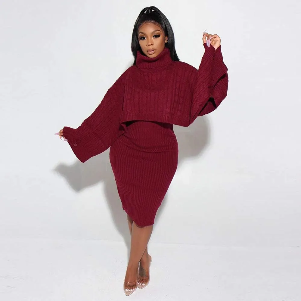 BXBY Women's 2 Piece Outfits Sweater Set Puff Long Sleeve Knit Cropped Shawl and Woolen Camisole Dress