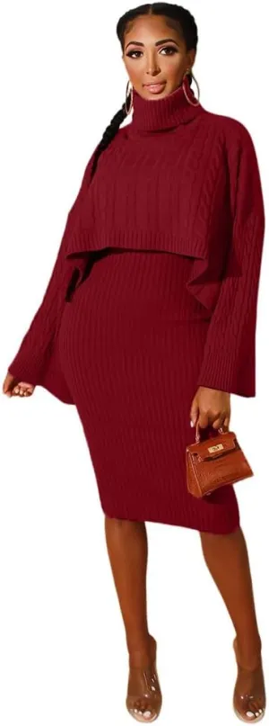 BXBY Women's 2 Piece Outfits Sweater Set Puff Long Sleeve Knit Cropped Shawl and Woolen Camisole Dress