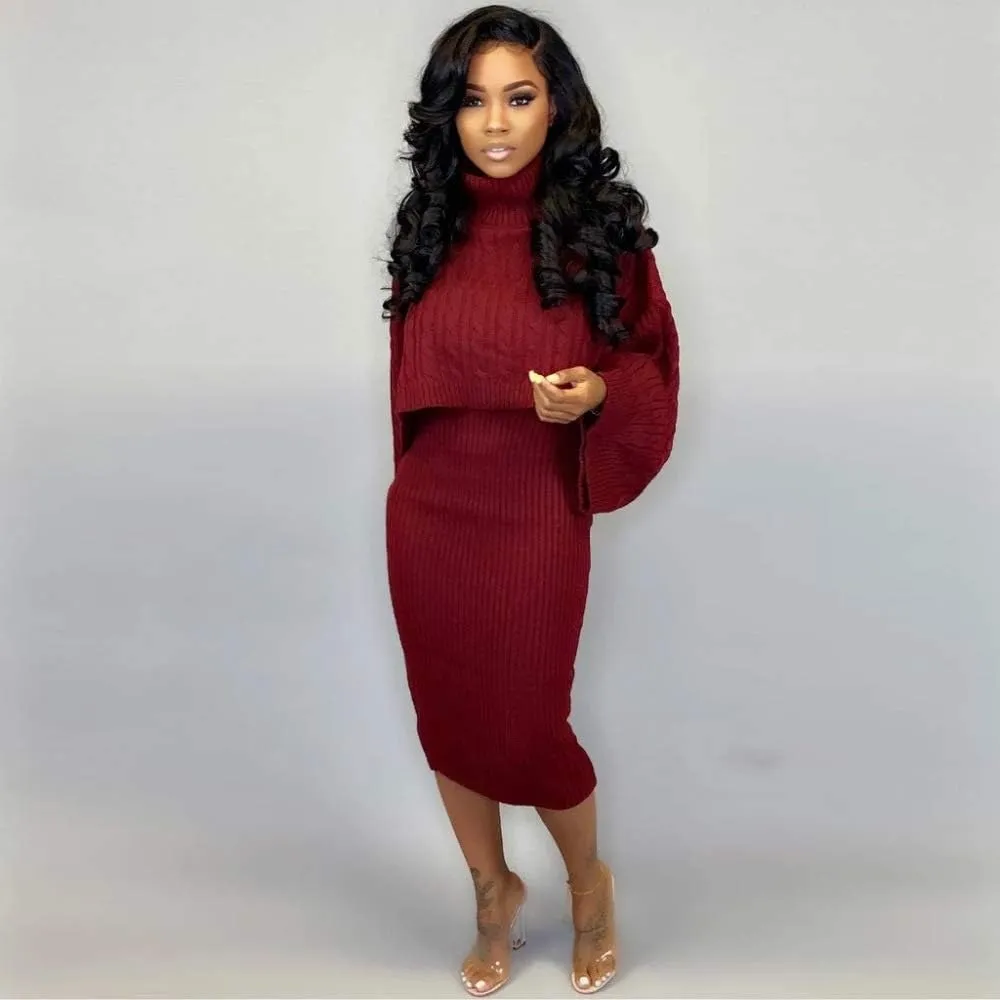 BXBY Women's 2 Piece Outfits Sweater Set Puff Long Sleeve Knit Cropped Shawl and Woolen Camisole Dress