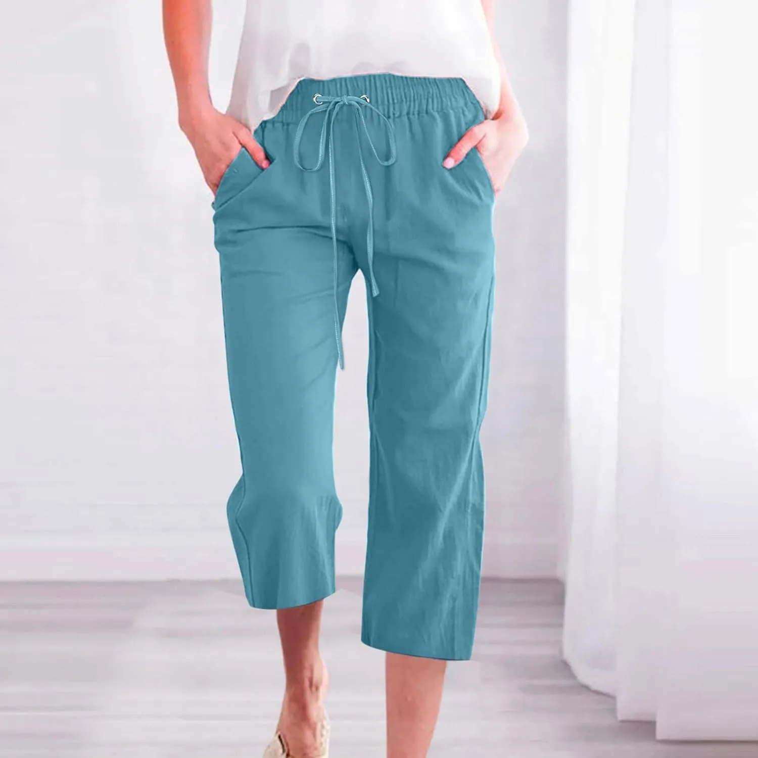 BZGTZT Capri Pants for Women,Women's Summer Linen Pants High Waisted Wide Leg Drawstring Casual Trousers with Pocket