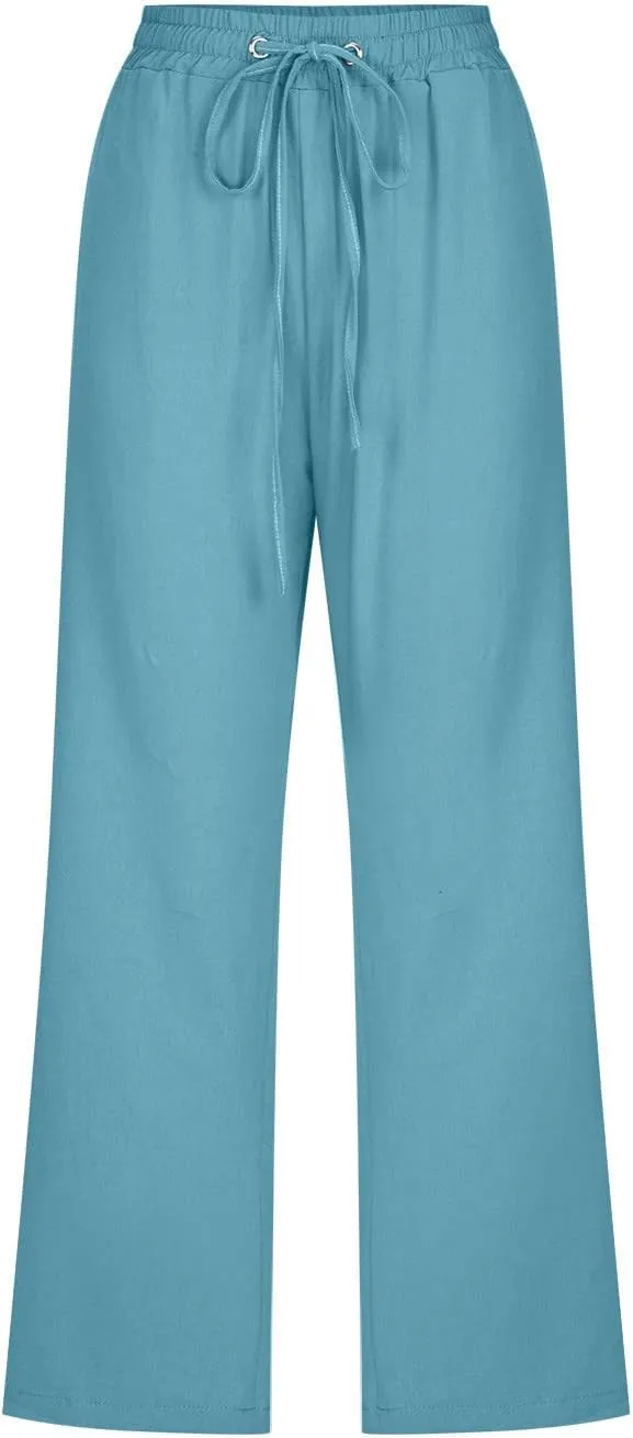 BZGTZT Capri Pants for Women,Women's Summer Linen Pants High Waisted Wide Leg Drawstring Casual Trousers with Pocket