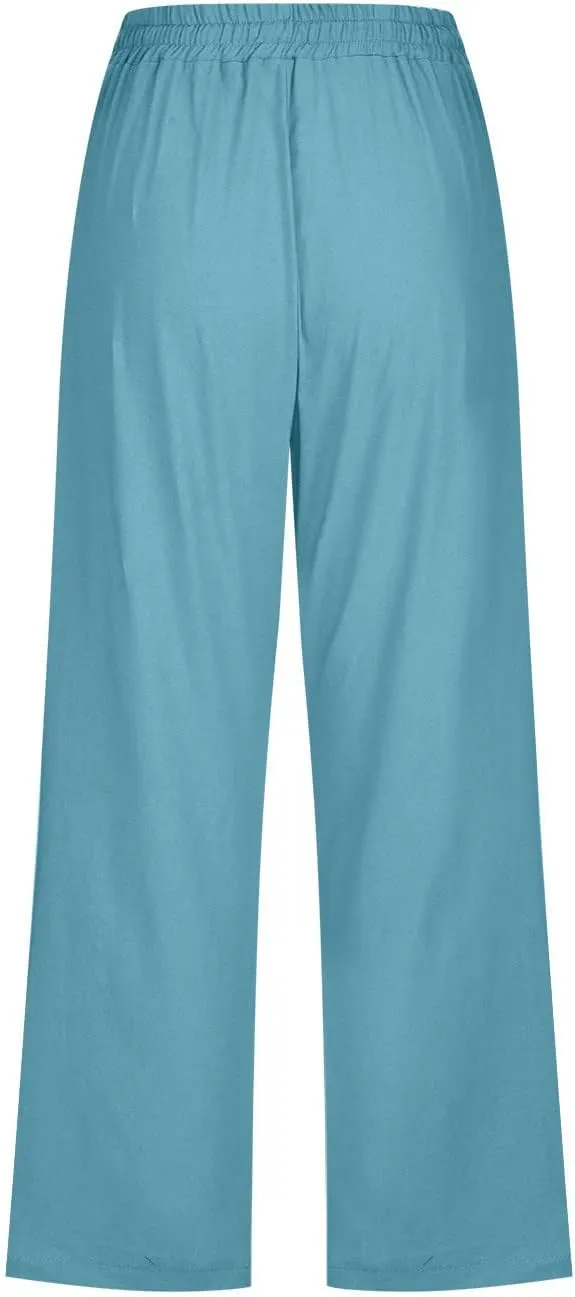 BZGTZT Capri Pants for Women,Women's Summer Linen Pants High Waisted Wide Leg Drawstring Casual Trousers with Pocket