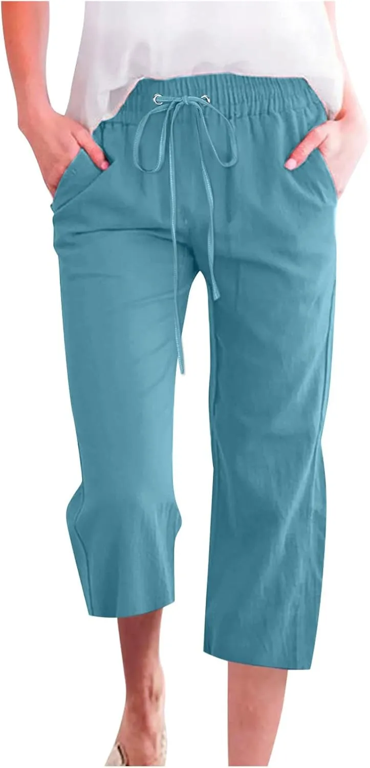 BZGTZT Capri Pants for Women,Women's Summer Linen Pants High Waisted Wide Leg Drawstring Casual Trousers with Pocket