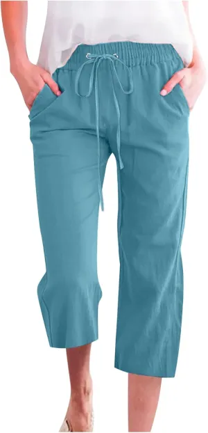 BZGTZT Capri Pants for Women,Women's Summer Linen Pants High Waisted Wide Leg Drawstring Casual Trousers with Pocket