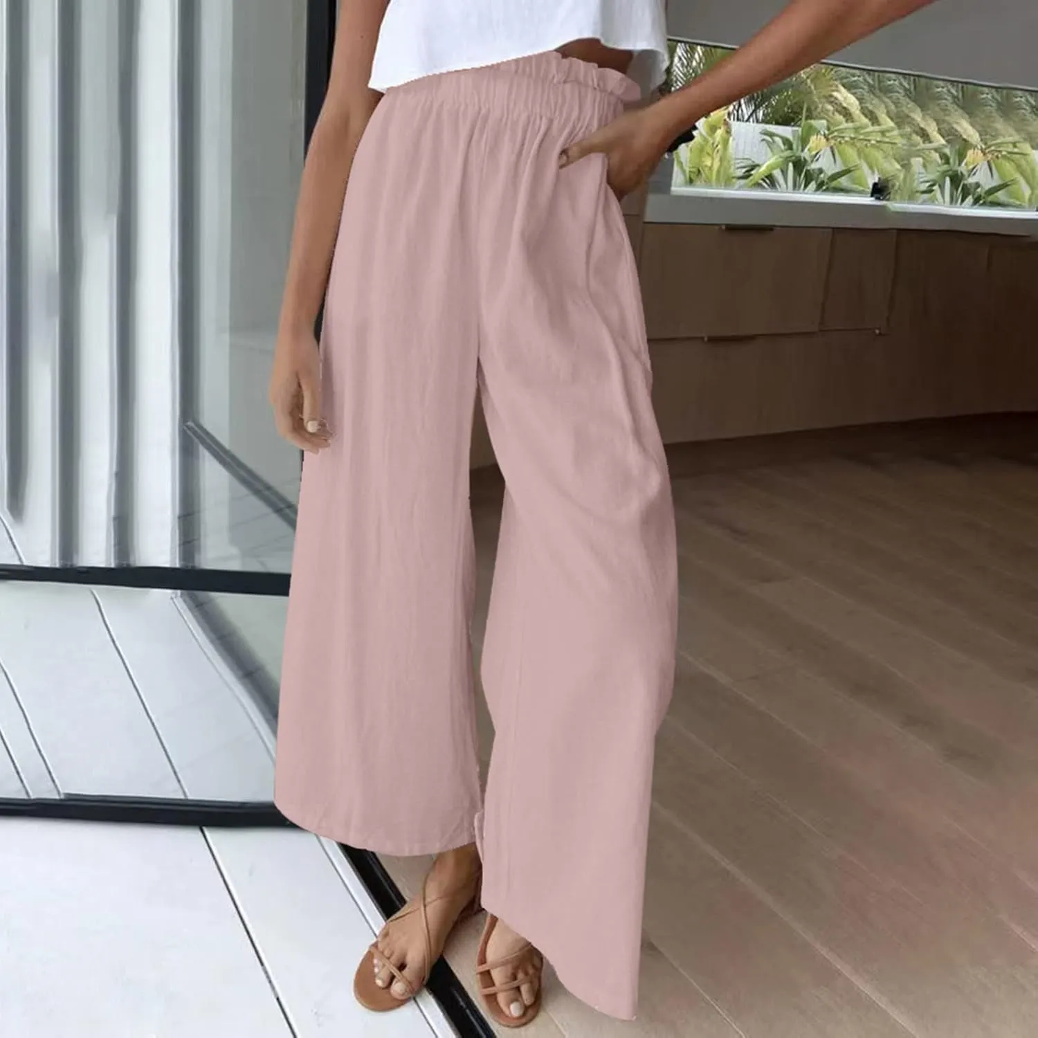 BZGTZT Linen Pants for Women Wide Leg Casual Summer Elastic High Waisted Palazzo Pant Baggy Flowy Beach Trousers with Pocket