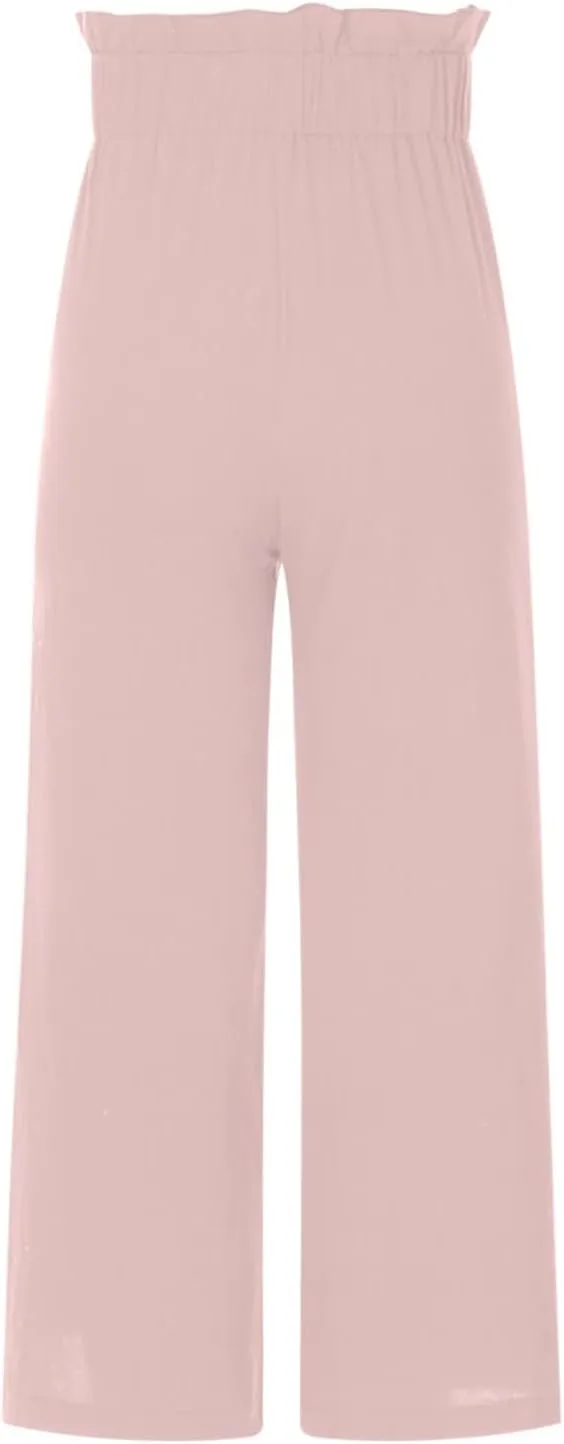 BZGTZT Linen Pants for Women Wide Leg Casual Summer Elastic High Waisted Palazzo Pant Baggy Flowy Beach Trousers with Pocket