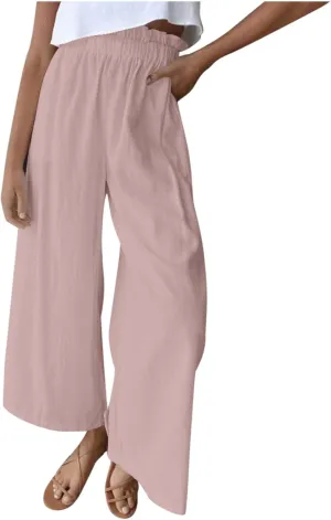 BZGTZT Linen Pants for Women Wide Leg Casual Summer Elastic High Waisted Palazzo Pant Baggy Flowy Beach Trousers with Pocket