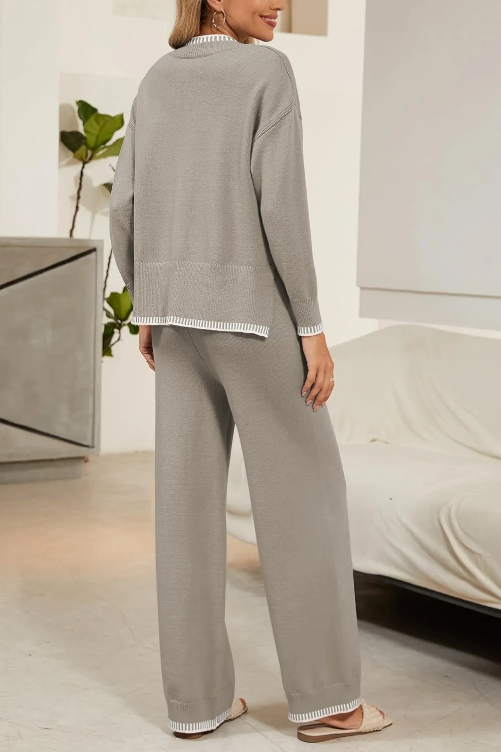 Cakulo Womens 2 Piece Outfits Sweater Lounge Sets 2024 Loungewear Knit Wide Leg Pants Matching Sweatsuit Set