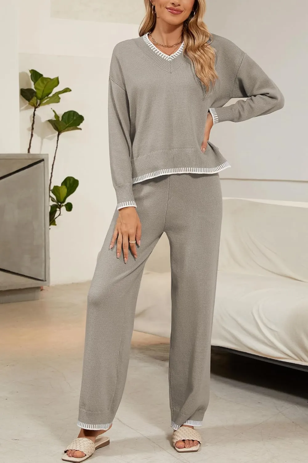 Cakulo Womens 2 Piece Outfits Sweater Lounge Sets 2024 Loungewear Knit Wide Leg Pants Matching Sweatsuit Set