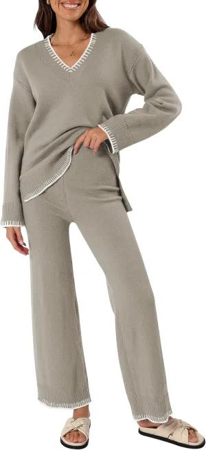 Cakulo Womens 2 Piece Outfits Sweater Lounge Sets 2024 Loungewear Knit Wide Leg Pants Matching Sweatsuit Set