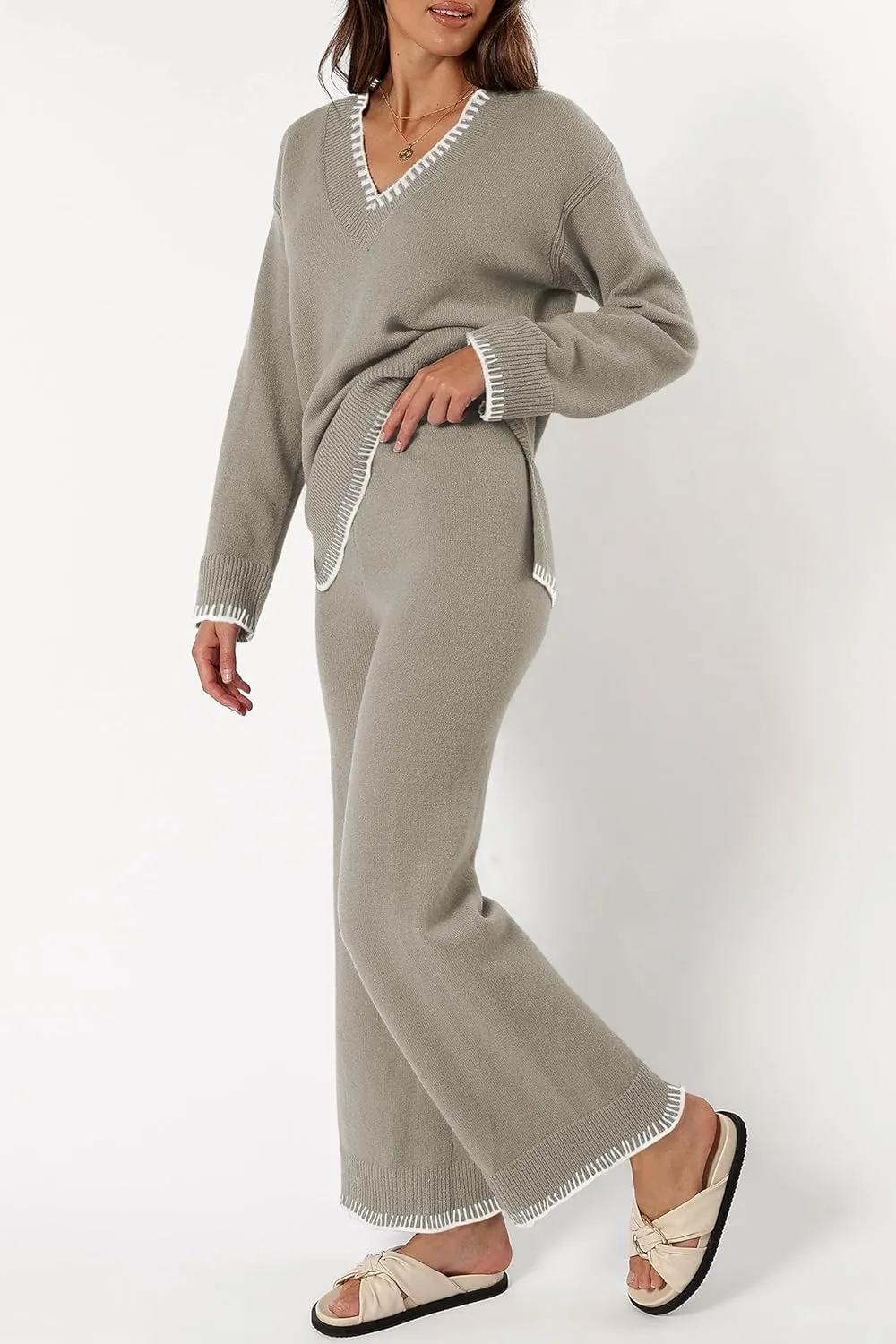 Cakulo Womens 2 Piece Outfits Sweater Lounge Sets 2024 Loungewear Knit Wide Leg Pants Matching Sweatsuit Set