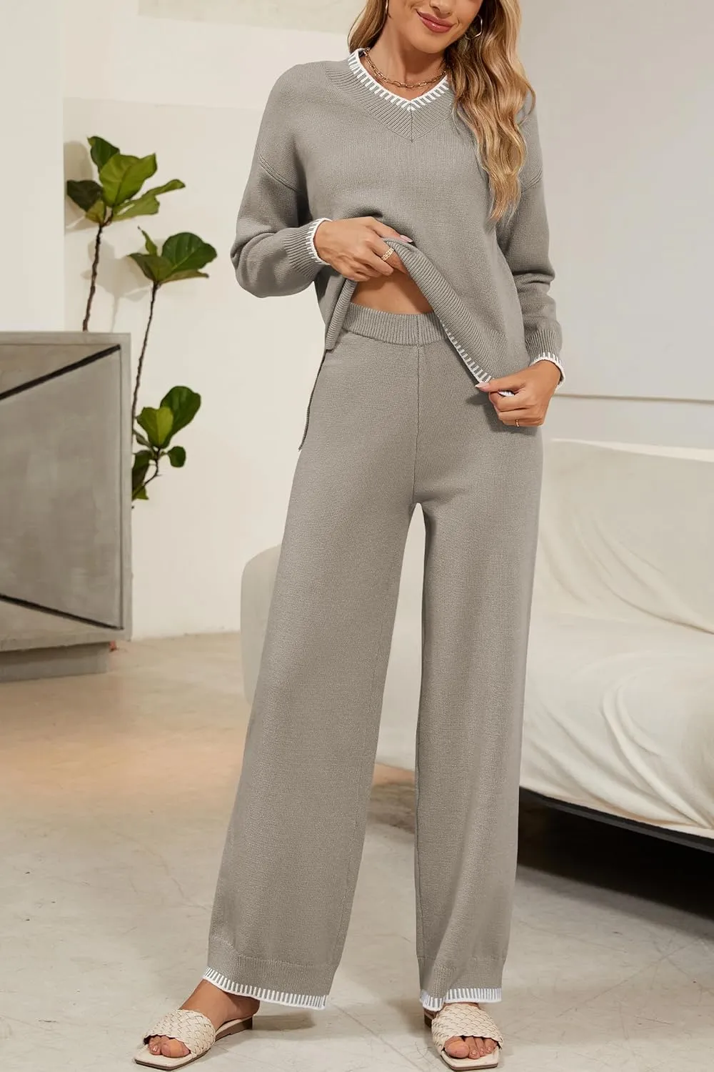 Cakulo Womens 2 Piece Outfits Sweater Lounge Sets 2024 Loungewear Knit Wide Leg Pants Matching Sweatsuit Set