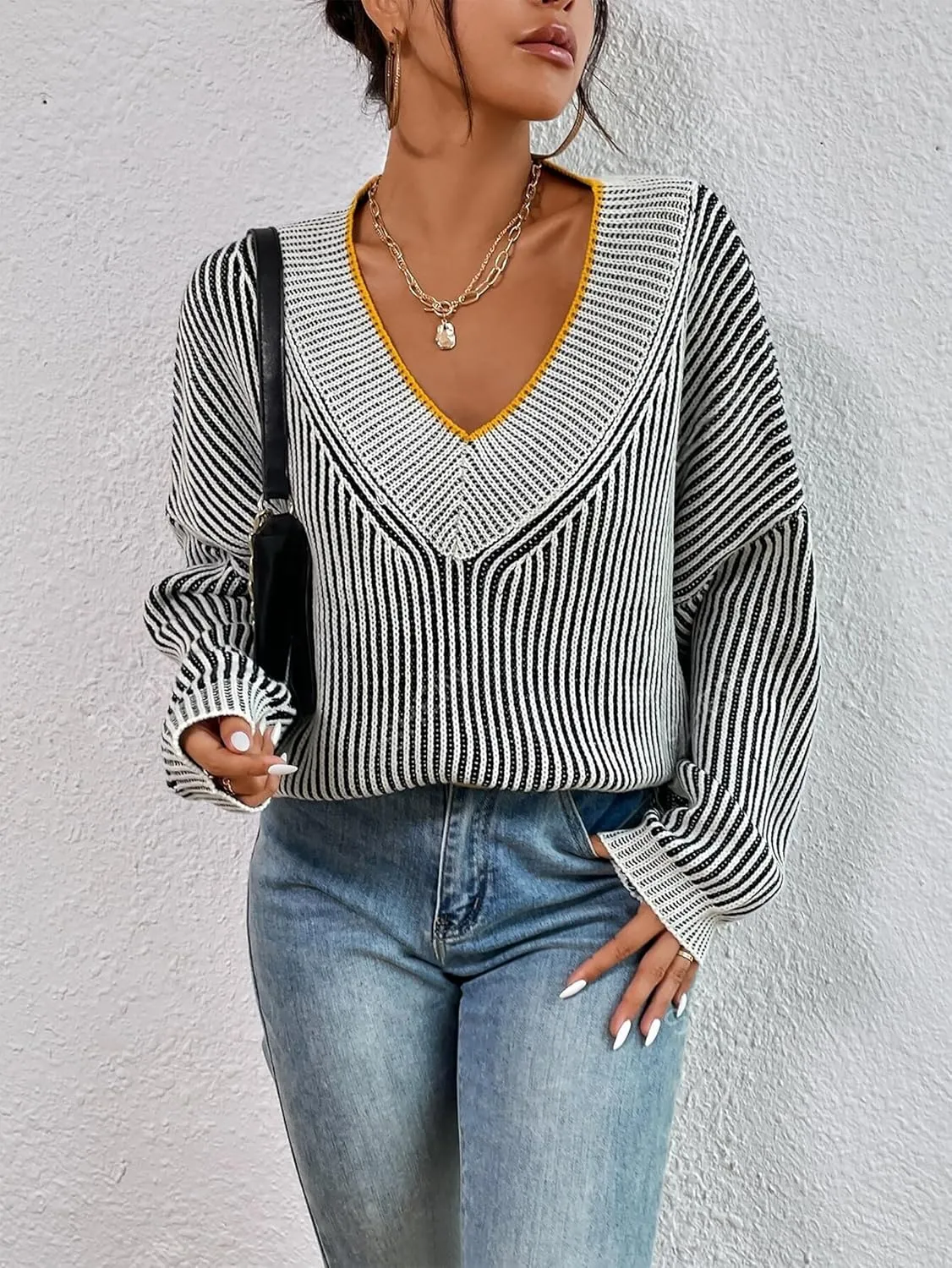 Cakulo Womens Fall 2025 Oversized Striped V Neck Sweaters Long Sleeve Knit Color Block Trendy Pullover Sweater Top