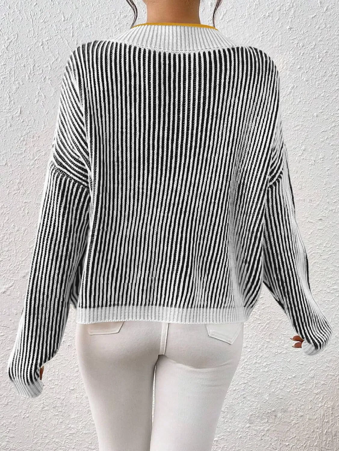 Cakulo Womens Fall 2025 Oversized Striped V Neck Sweaters Long Sleeve Knit Color Block Trendy Pullover Sweater Top