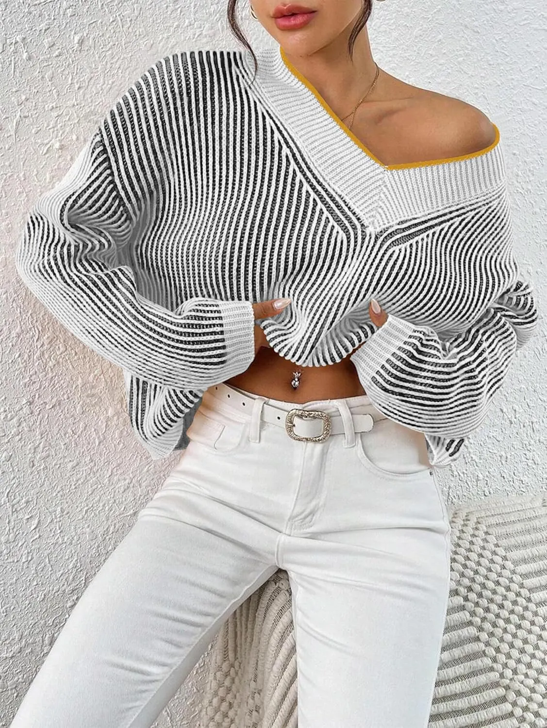 Cakulo Womens Fall 2025 Oversized Striped V Neck Sweaters Long Sleeve Knit Color Block Trendy Pullover Sweater Top