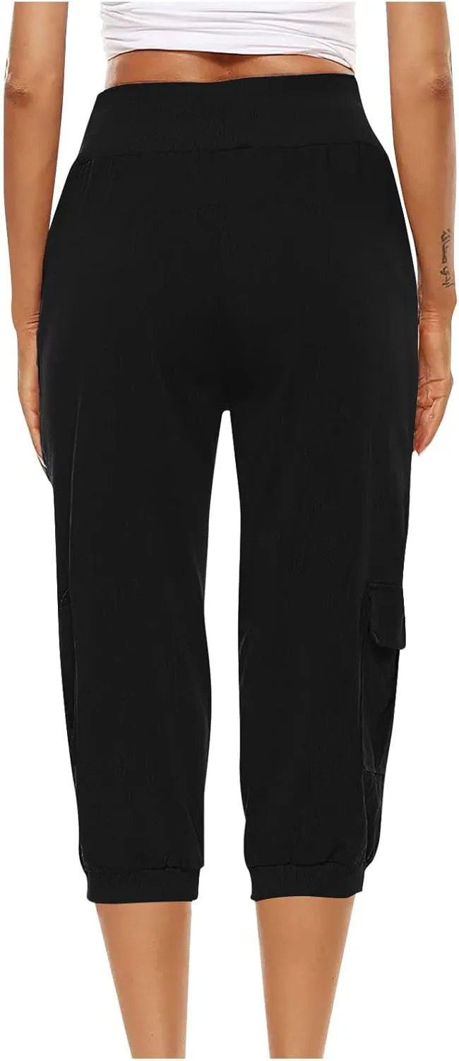 Capri Linen Pants for Women High Waisted Capris Plus Size Cropped Trousers Drawstring Summer Pants with Pockets