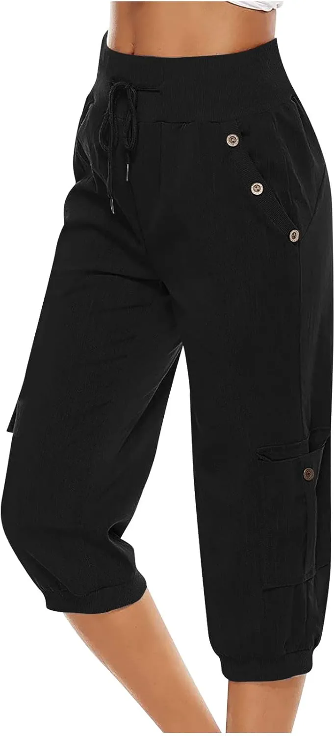Capri Linen Pants for Women High Waisted Capris Plus Size Cropped Trousers Drawstring Summer Pants with Pockets