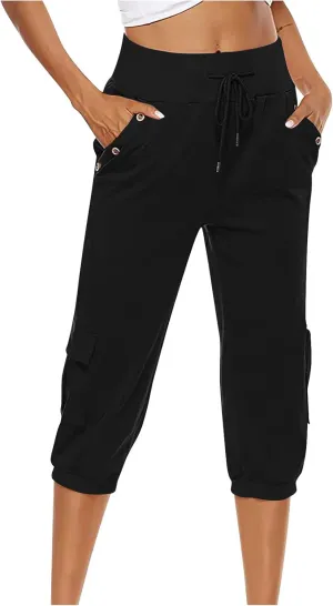 Capri Linen Pants for Women High Waisted Capris Plus Size Cropped Trousers Drawstring Summer Pants with Pockets