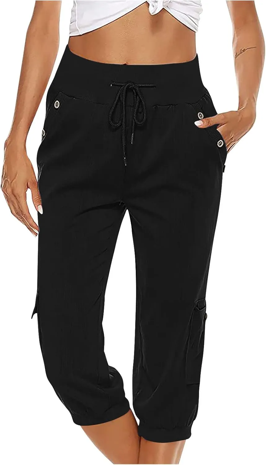 Capri Linen Pants for Women High Waisted Capris Plus Size Cropped Trousers Drawstring Summer Pants with Pockets