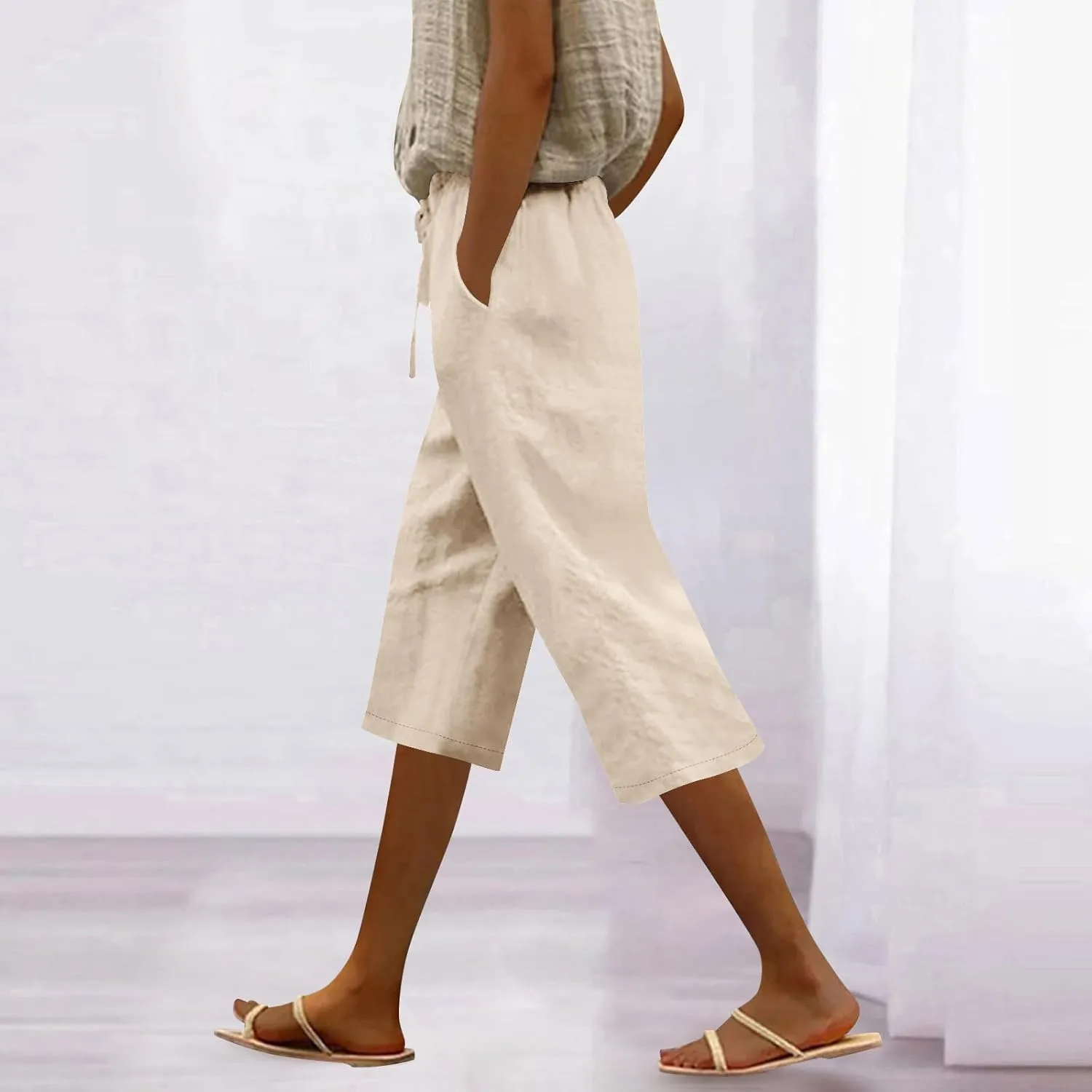 Capri Pants for Women Casual Summer Cotton Linen Capris Elastic High Waist Pants Wide Leg Cropped Trousers