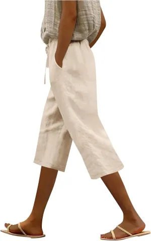 Capri Pants for Women Casual Summer Cotton Linen Capris Elastic High Waist Pants Wide Leg Cropped Trousers