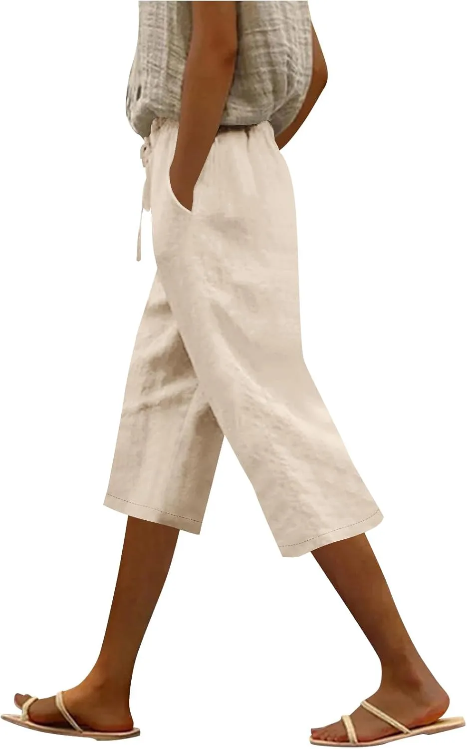 Capri Pants for Women Casual Summer Cotton Linen Capris Elastic High Waist Pants Wide Leg Cropped Trousers