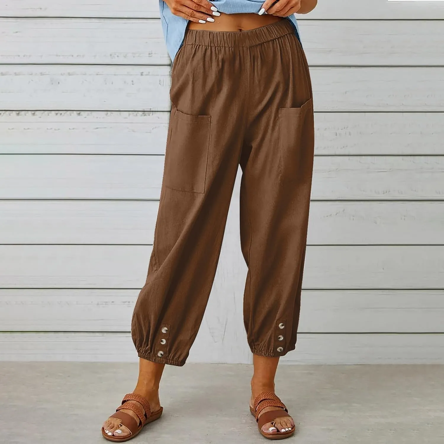 Capri Pants for Women Summer 2024 High Waisted Cotton Linen Cropped Pants Elastic Button Down Trousers with Pockets
