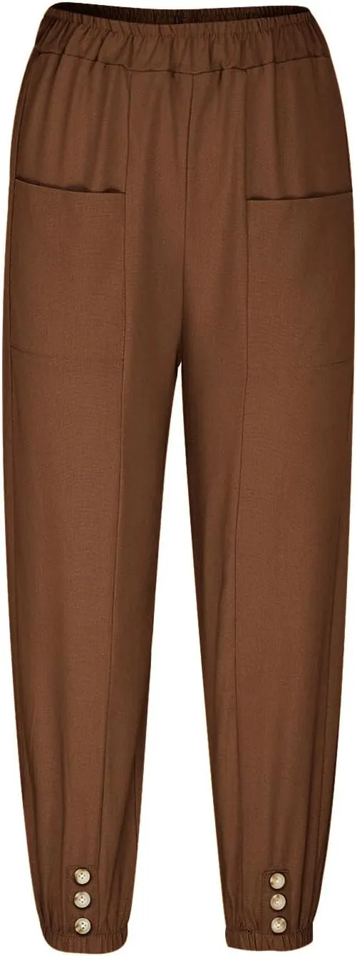 Capri Pants for Women Summer 2024 High Waisted Cotton Linen Cropped Pants Elastic Button Down Trousers with Pockets