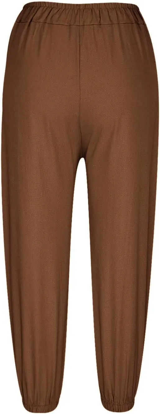 Capri Pants for Women Summer 2024 High Waisted Cotton Linen Cropped Pants Elastic Button Down Trousers with Pockets