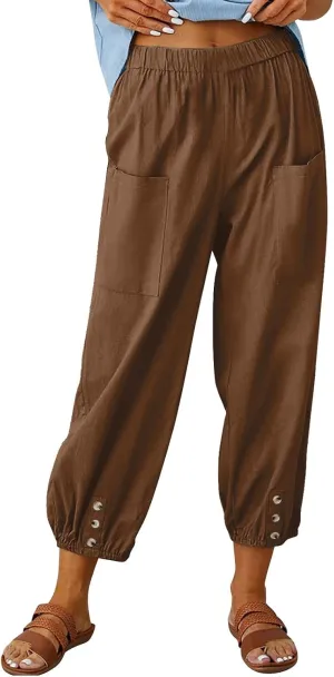 Capri Pants for Women Summer 2024 High Waisted Cotton Linen Cropped Pants Elastic Button Down Trousers with Pockets