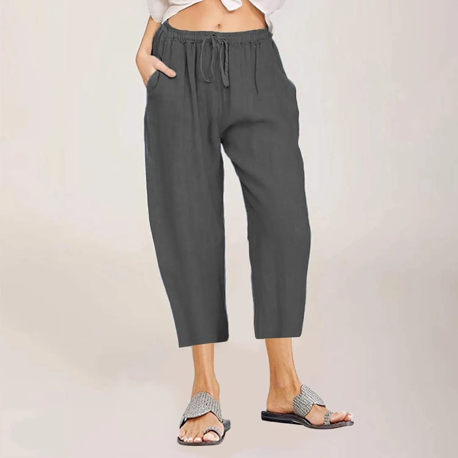 Capri Pants for Women Summer Drawstring Elastic High Waist Cotton Linen Wide Leg Trouser, Small-5X-Large