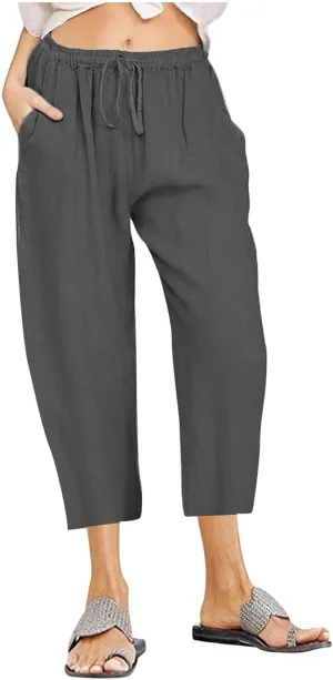 Capri Pants for Women Summer Drawstring Elastic High Waist Cotton Linen Wide Leg Trouser, Small-5X-Large