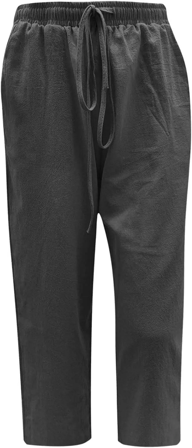 Capri Pants for Women Summer Drawstring Elastic High Waist Cotton Linen Wide Leg Trouser, Small-5X-Large