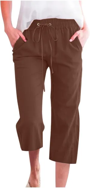 Capris Pants for Women Cotton Linen Casual Summer 2025 Straight Wide Leg Loose Drawstring Elastic Waist Cropped Trouser S-5X
