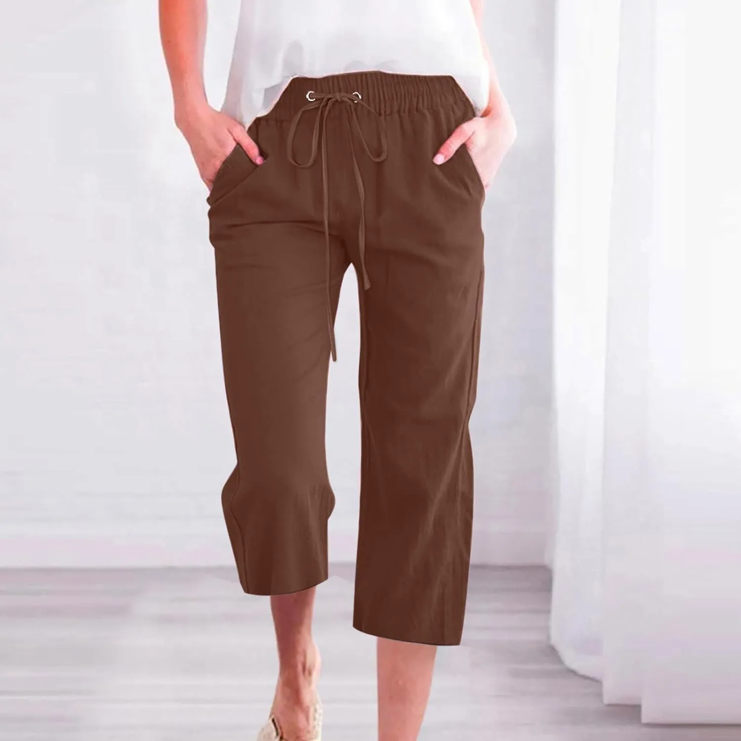 Capris Pants for Women Cotton Linen Casual Summer 2025 Straight Wide Leg Loose Drawstring Elastic Waist Cropped Trouser S-5X